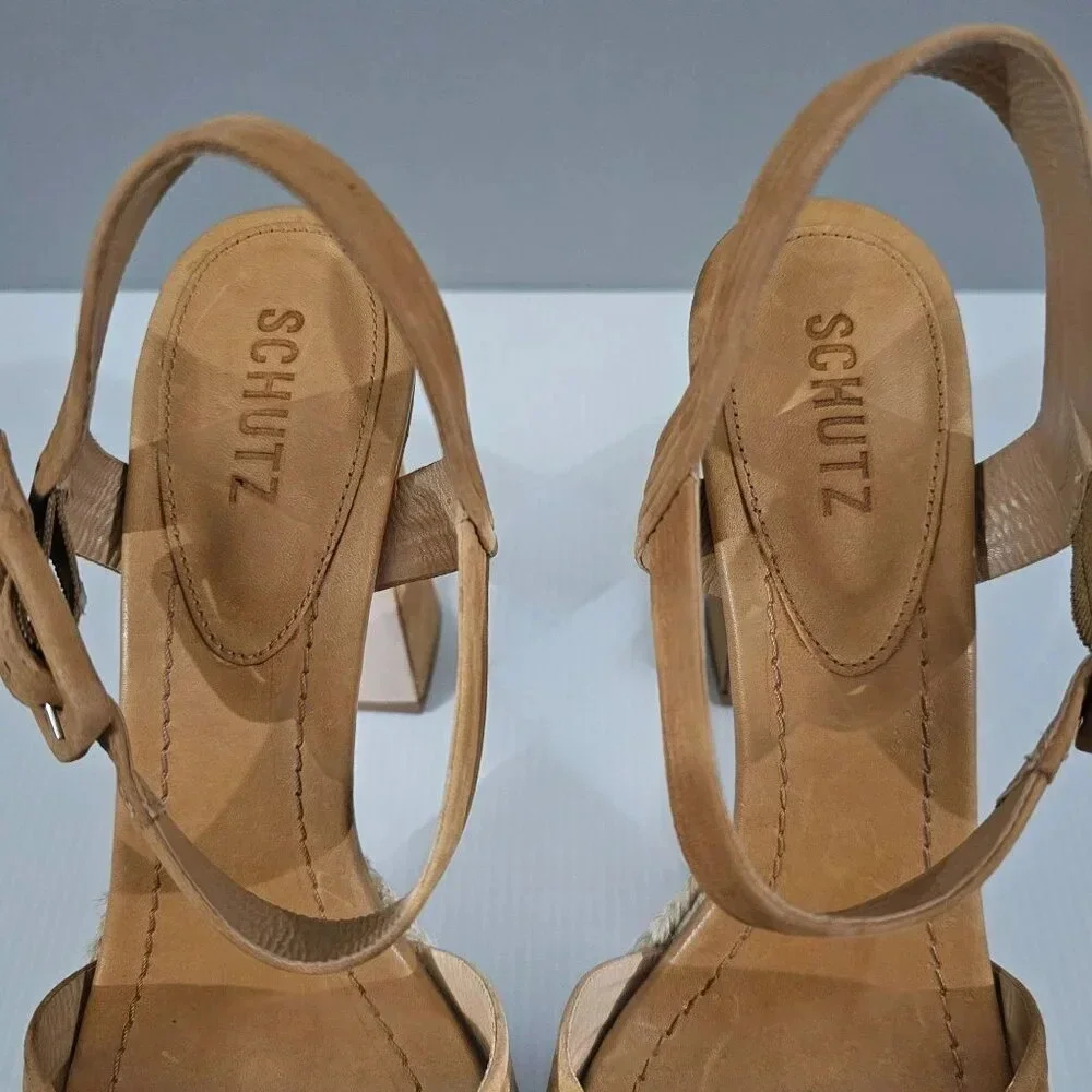 Schutz Blisse Platform Sandal Womens 10.5 Caramel Brown Suede Chunky Block Heel